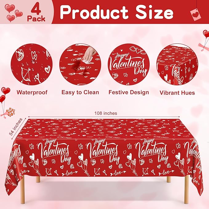 QZYL 4 PCS Valentines Plastic Tablecloths, 54" X 108" Love Heart-Shaped Tablecloths, Disposable Red Valentines Decorations, Rectangle Romantic Galentines Party Favors for Wedding Anniversary Supplies