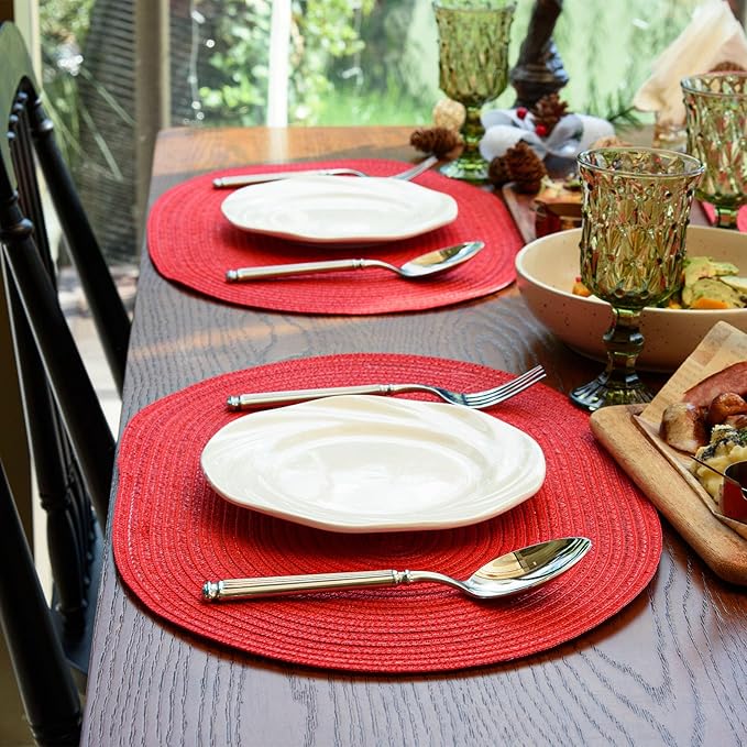 Noctiflorous Oval Braided Placemats Set of 8 Woven 12x18 Inch Non Slip Washable Heat Resistant Place Mats Round Tablemats for Dining Kitchen Party Daily Table Decor Dinner Mats (Red Shine, 8)
