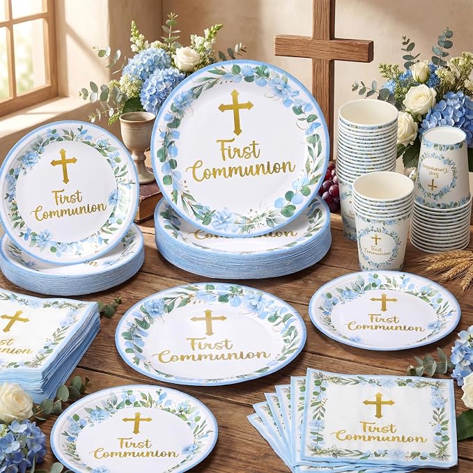 Pickmesh 250 Pcs Blue First Holy Communion Disposable Tableware Set God Bless - Image 4