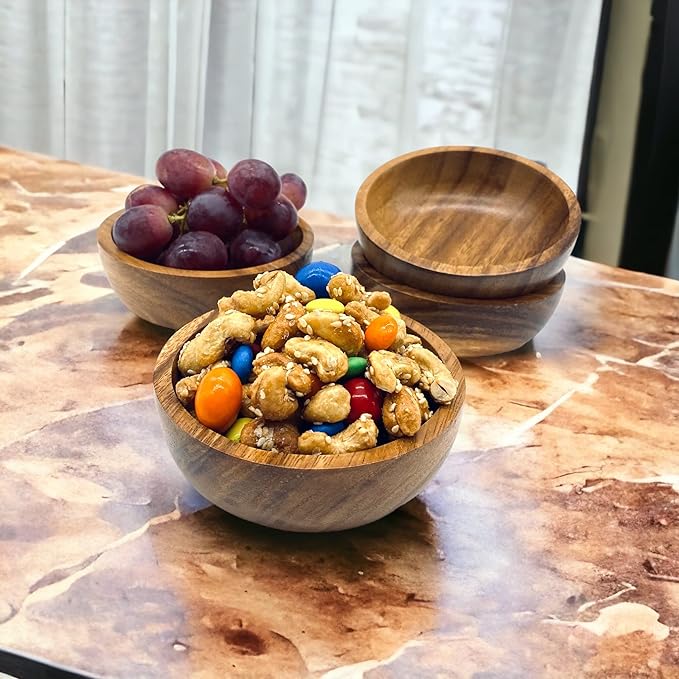 Small Wooden Calabash Bowls – 4.25” Acacia Snack, Dip & Side Dish Set of 4, Rustic Handmade Condiment Serving Bowls, Gift Ready