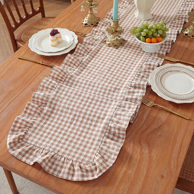 HunnmingRe 1 Pc Gingham Table Runner Brown, 118 X 13.8 Inch | Cotton Dresser - Image 4