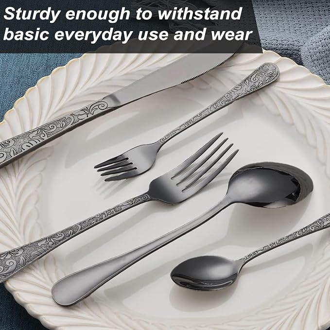 Runfly Vintage Carved Black Stainless Steel 20-Piece Flatware Set | Silverware - Image 4