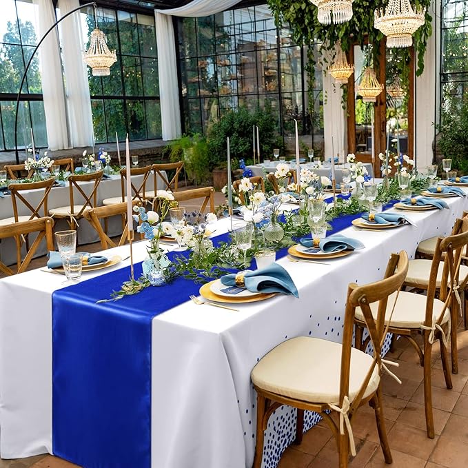 Breling 24 Pack Royal Blue Disposable Plastic Tablecloths and Satin Table Runner Set, 54 x 108 Inch Tablecloth, 12 x 108 Inch Table Runners for Wedding Graduation Birthday Baby Shower