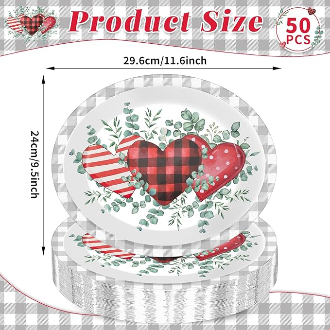 CHUNNIN 50Pcs Valentine's Day Party Supplies Valentines Party Oval Paper Plates 11.6 x 9.5in Eucalyptus Love Heart Disposable Tableware for Valentine's Day Anniversary Birthday Wedding Party Decor
