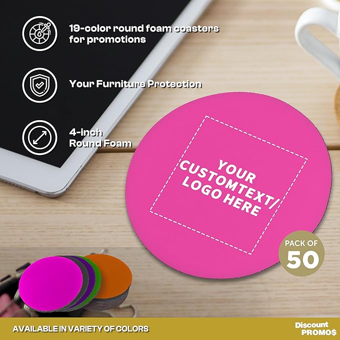 50 Round Foam Bud Coasters Pack, 4 inch - Customizable Text, Logo - PU Foam, Party Favor - Neon Pink