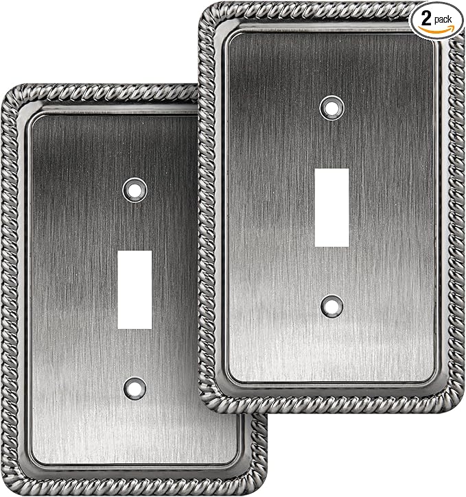 Henne Bery Rope Edge Decorative Wall Plate Switch Plate Outlet Cover, Aged Bronze (Single Toggle, 2 Pack, Heirloom Silver)