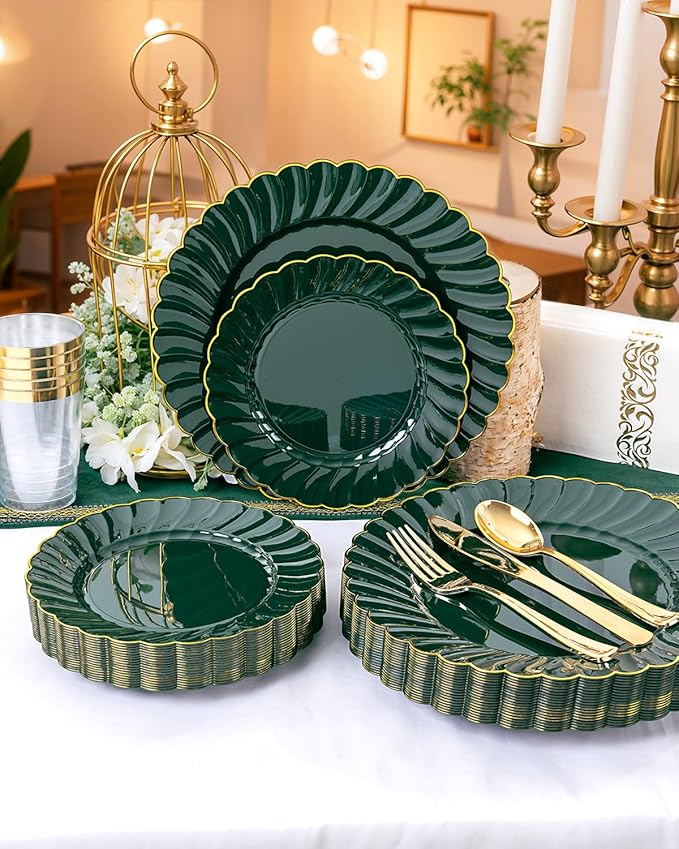 YOUBET 175PCS Green Scalloped Plastic Plates - Green and Gold Disposable Dinnerware Set Include 50 Plates, 75 Gold Silverware, 25 Cups, 25 Napkins for Party & Wedding