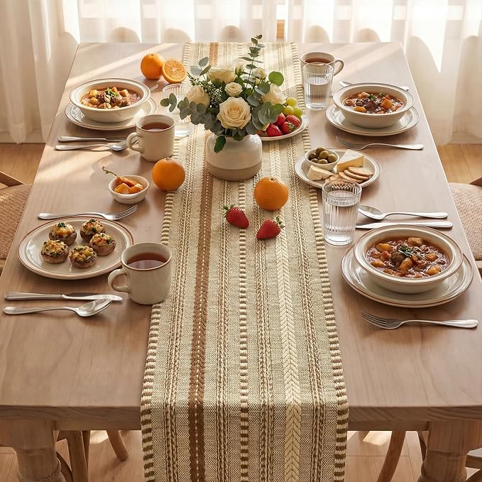 Artoid Mode Coffee Farmhouse Stripe Braided Table Runner 12x60 Inch | Holiday - Image 3