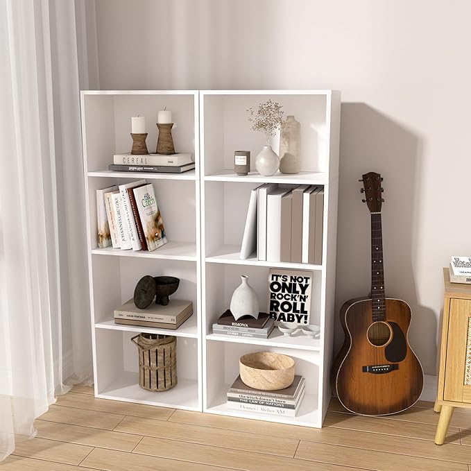 Wooden 4 Cube Storage Organizer, 4 Tier Tall Modern Bookshelf Freestanding Storage Display Organizer, Versatile Cubes Shelf and Cubby Unit for Living Room, Bedroom, Home Office 15.7inch