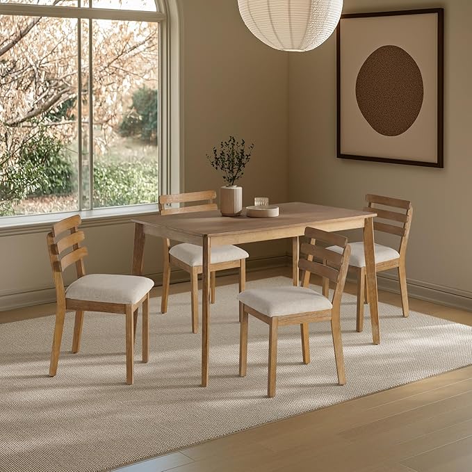 Farmhouse Dining Table Set for 4, Wooden Dining Roon Table and Solid Wood Chairs, 5-Piece Modern Dining Set Home, Kitchen, Dining Room, 4 Upholstered Chairs, Rubberwood Legs