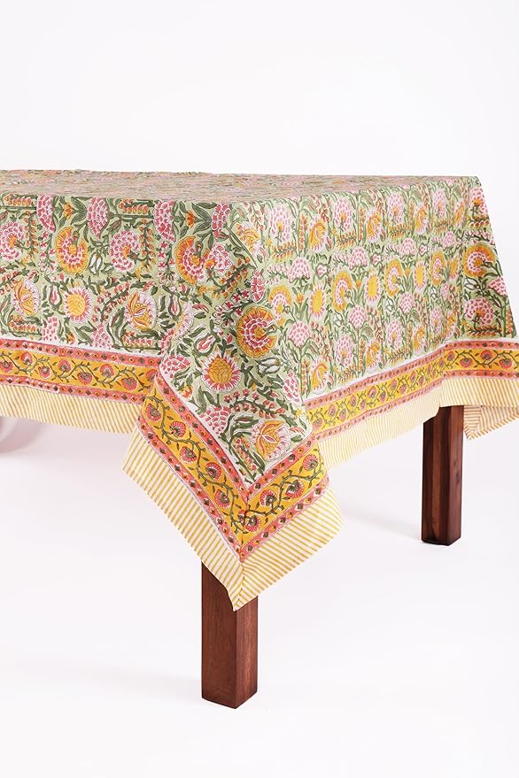 ATOSII Clover Green 100% Cotton Rectangle Fall Tablecloth, Handblock Floral Print Linen Table Cloth for Kitchen Dining I Parties, Weddings, Outdoors, Easter I Home Decor 60 X 90 Inches I 6 Seater