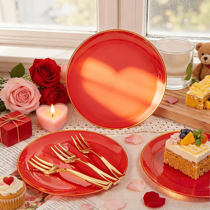 Festiva 200Pcs Red Gold Dessert Plates 6.3" with Plastic Forks 5"-Small Disposable Plates- Dessert/Cake/Appetizer Plastic Plates include 100Plates 100Forks for Birthday Party&Valentine's Day