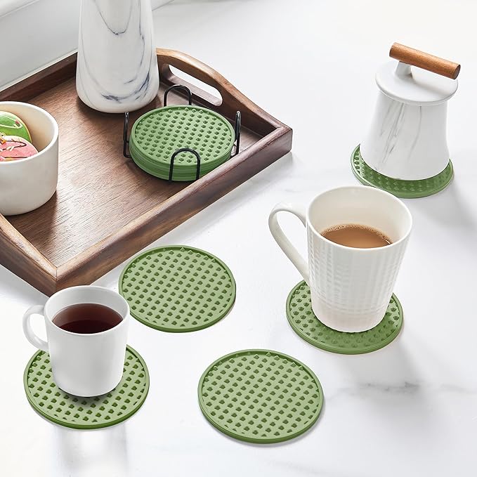 Coasters for Drinks, Silicone Coasters Set of 12 with ABS Holder, Outdoor Coaster for Coffee Table, Non-Slip Rubber Table Cup Mat Desk, Heat Resistant & Scratch-Proof (Green)