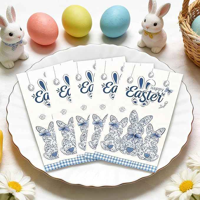 Easter Bunny Chinoiserie Napkins - 100 Pcs Blue White Happy Paper Dinner Disposable Party Decorations Sets Decorative Guest Cocktail Table Luncheon Beverage Supplies Decor Bulk 7.9 x 4.3 In