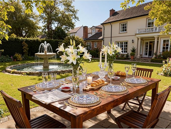 Morejoy 60pcs Plastic Disposable Plates Set - White Plastic Plates Featuring Classic Blue & Red Kaleidoscope Patterns With Gradient Gold Trim.10.25 Dinner Plates & 7.5 Dessert Plates for Wedding,Party