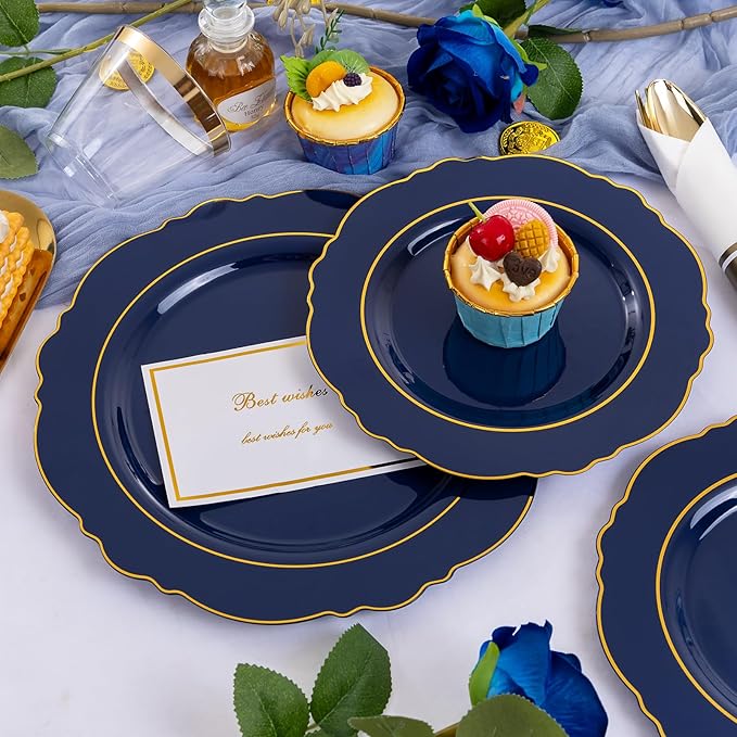 Liacere 350PCS Navy Blue Plastic Plates-Disposable Blue Gold Plates 50guest Plastic Dinnerware include 100Plates,50Pack Pre Rolled Napkins with Silverware 50Cups for Martin Luther King Jr
