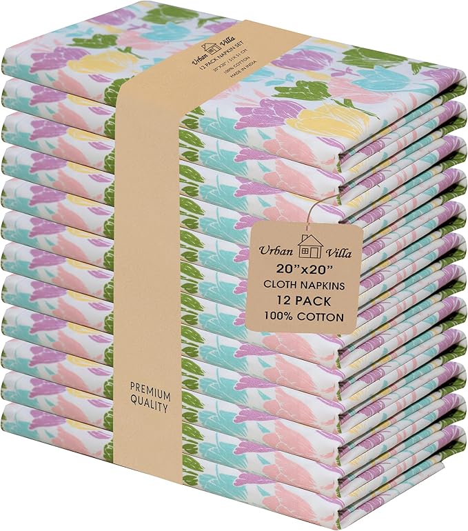 Urban Villa Easter Cloth Napkins Tulip Print 100% Cotton Absorbent Dinner Napkins (Set of 12) Oversized 20x20 Inches Soft Durable Reusable Washable Napkins Ideal for Everyday Use Parties Wedding