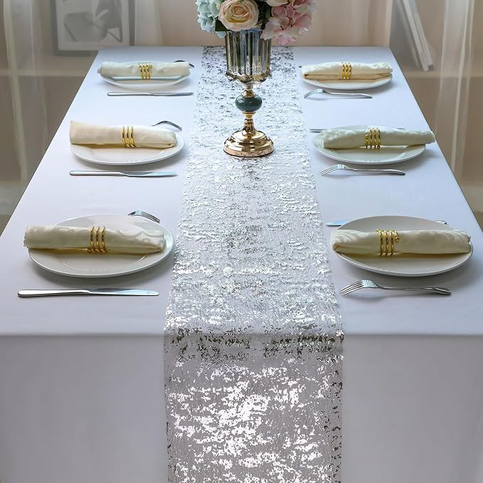 Snowkingdom 2 Pieces Silver Table Runner, Sequin Glitter Foil Metallic Thin - Image 4