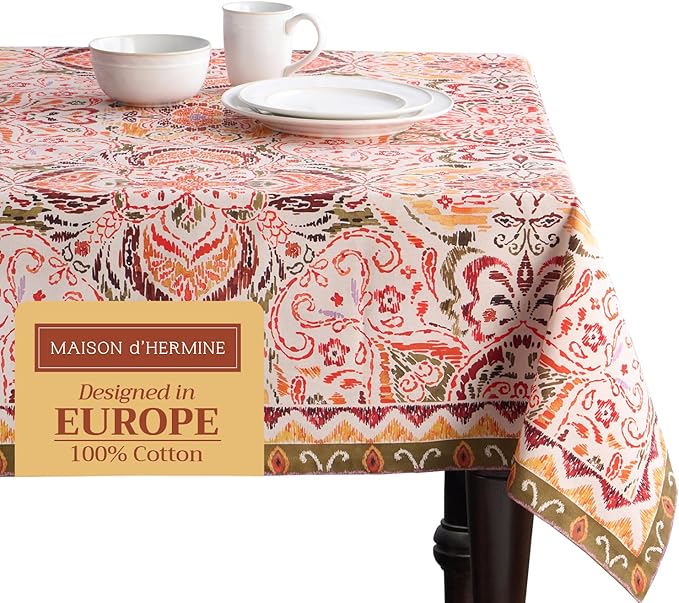 Maison d' Hermine Table Cloth Rectangle Table 100% Cotton 60 x 120 Inches Fall Tablecloth Reusable Everyday Use for Thanksgiving Christmas Decorations Dining Farmhouse Party (Damask)