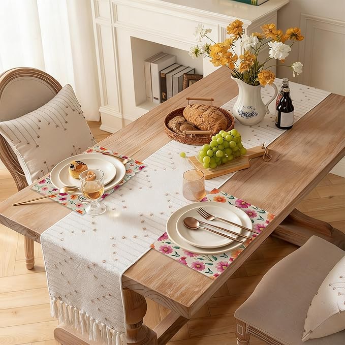 Herbs and Wild Flowers Spring Placemats, Seasonal Summer Placemats 12x18 Inch Waterproof Non-Slip Washable Table Mats for Kitchen Dining Party Table Decor,Set of 6