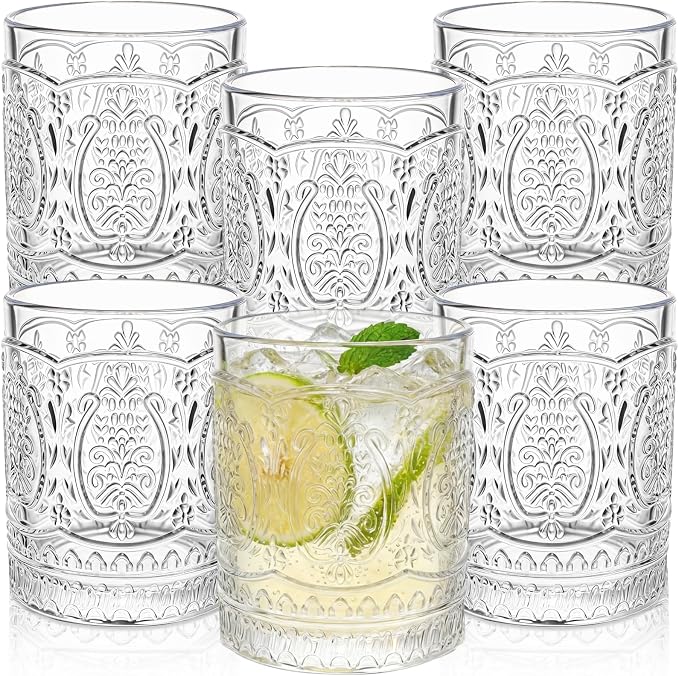 6 Pack Vintage Drinking Glasses, 13 OZ Cocktail Glassware Set, Embossed Water by YIMITEE