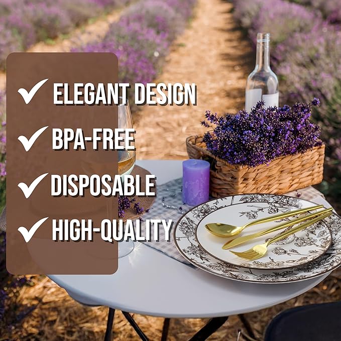 Trendables Fancy Plastic Dinnerware Sets 200 Pc Set 40 Guests Gold Silverware Disposable 40 X 10 Inch Charger Plates 40 X 8 Inch Dessert Plates 40 x Gold Plastic Forks and Spoons Knives In Rustik