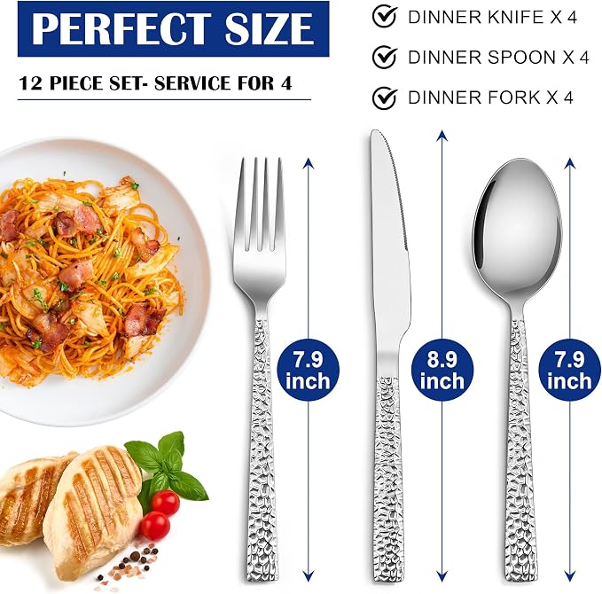 E-far 12-Piece Hammered Silverware Set, Stainless Steel Flatware Set - Image 2