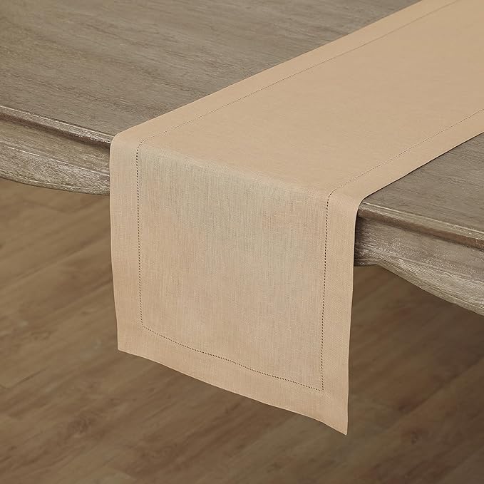Solino Home Linen Hemstitch Table Runner 60 Inches - 100% Pure Linen Beige Table Runner 14 x 60 Inch Ideal for Dresser and Coffee Tables - Spring, Easter - Classic Hemstitch