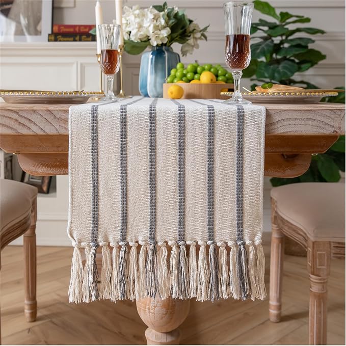 Caflife Boho Table Runner 60 Inchs Long Grey and Beige, Cotton and Linen Woven by Caflife