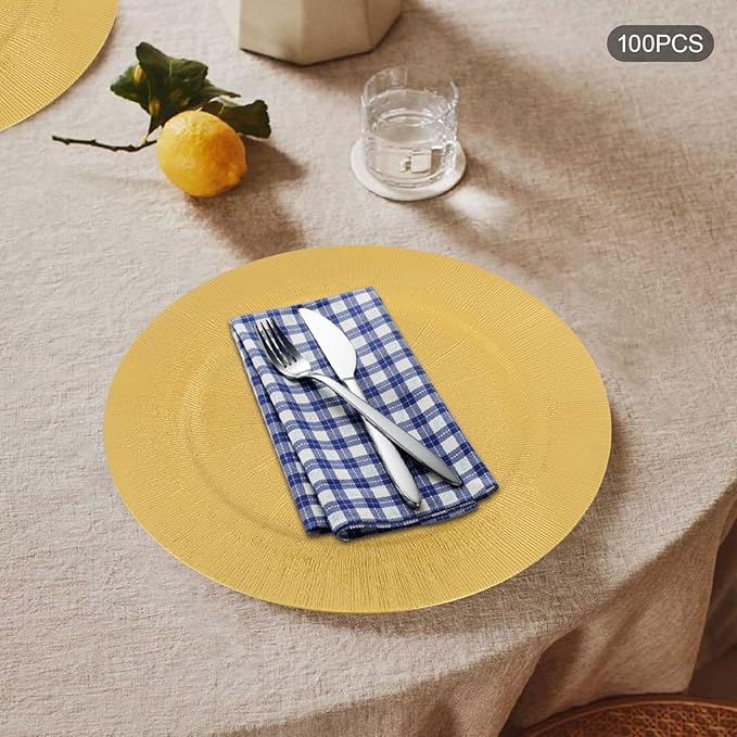 Charger Plates, 100pcs Gold 13inch Plastic Dinner Plate, Round Plastic Dinner Plate with Delicate Texture for Parties Wedding (Gold)
