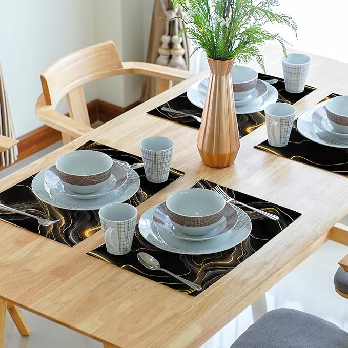 Black and Gold Placemats - Marble Place Mats Set of 4 Modern Placemats 12x18 for Dining Kitchen Farmhouse