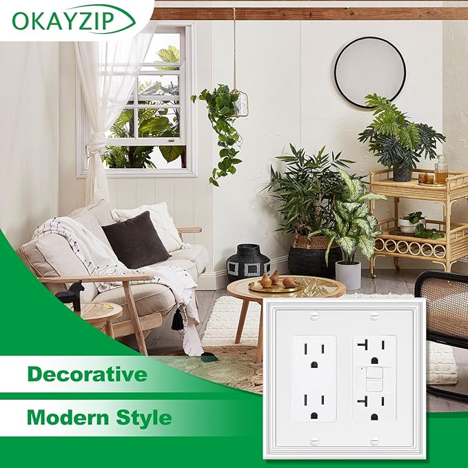 White Decorative Double Outlet Covers Wall Plate, Natural Material Light Switch Plate Outlet Covers - Modern Style (2 Gang Duplex 2 Pack)