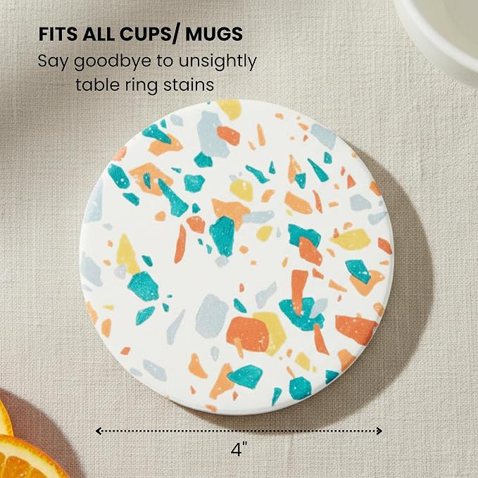 Terrazzo Coasters Set of 6, Colorful Boho Absorbent Ceramic Coasters | Speckled - Image 2