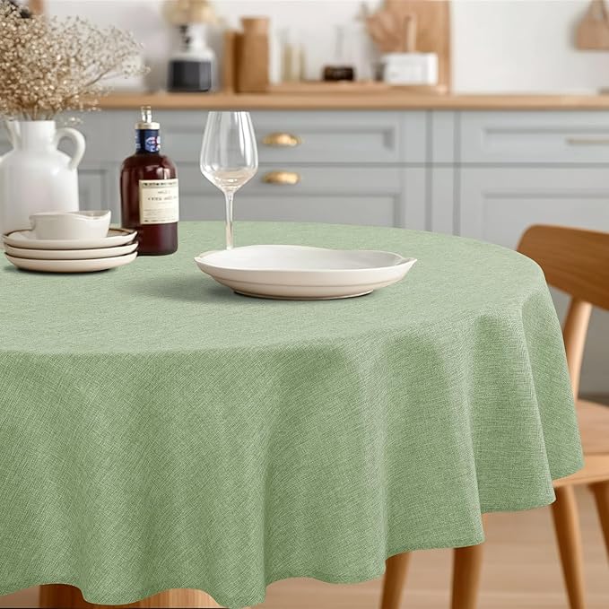 JIUZHEN Round Table Cloth Faux Linen Farmhouse Tablecloth Wrinkle and Stain Resistant Decorative Fabric Table Cover for Kitchen, Dining Room, Parties and Camping, Sage Green, 108 Inch Round
