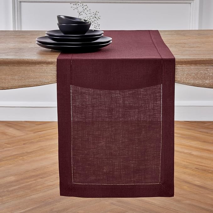 Solino Home 100% Pure Linen Table Runner Burgundy Hemstitch, 14 x 156 in | by SolinoHome