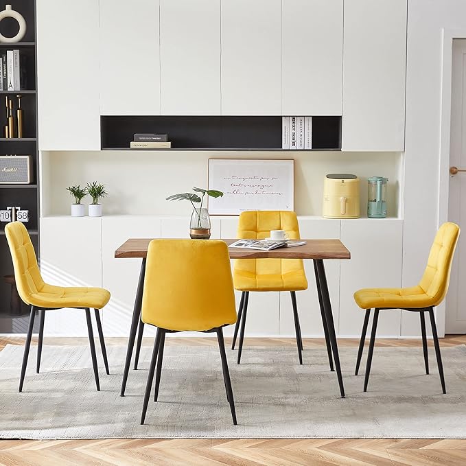 Rectangular Dining Table Set with Upholstered Chairs - Modern Kitchen Table and Chairs Set of 4 for Small Spaces - Yellow