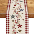Western Texas Table Runner, Rustic Farmhouse Red Plaid Check Golden Star Barn by Unknown
