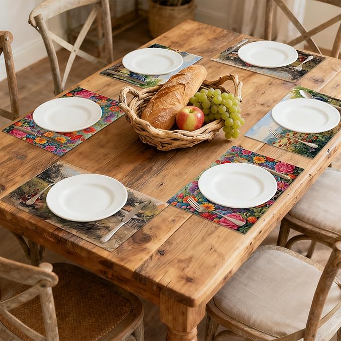Rooster Placemats Set of 6 Rustic Chicken Sunflowers Wooden Fence Farmhouse Place Mats Washable Kitchen Dining Linen Table Mats, for Home Party Indoor 12x18 in