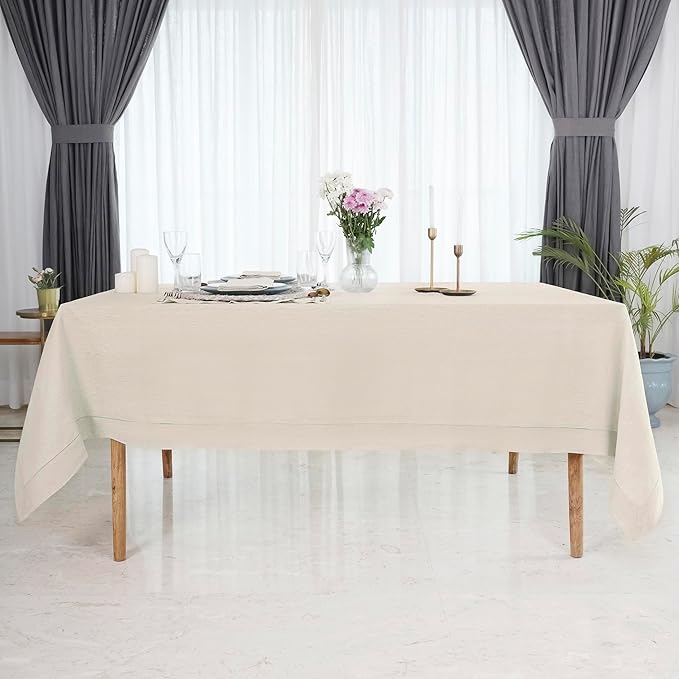 D'Moksha Homes Light Natural Linen Tablecloth for Rectangle Tables 60 x 84 Inch - Classic Hemstitch 100% Pure Linen Natural Table Cloth - Machine Washable Dining Tablecloth for Valentines, Easter