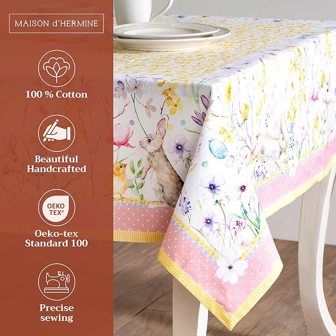 Maison d' Hermine Table Cloth Square Table 100% Cotton 54 x 54 Inches Tablecloth Reusable Decorative for Dining Room Farmhouse Home Valentines Day Decorations Spring Summer - Easter Zest