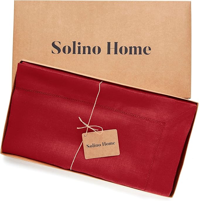 Solino Home Red Linen Tablecloth 60 x 144 Inch - 100% Pure Linen Hemstitch Table Cloth for Rectangle Tables - Classic Hemstitch, Machine Washable Tablecloth for Valentines, Winter