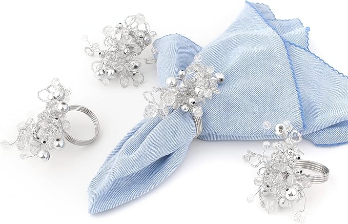 12 Pcs Decorative Beaded Napkin Rings - Elegant Napkin Ring Modern Cloth Napkin Holders for Table Kitchen Dinner Decor Party Wedding Special Occasion Everyday Use (Silver) - ALPHA Living HOME