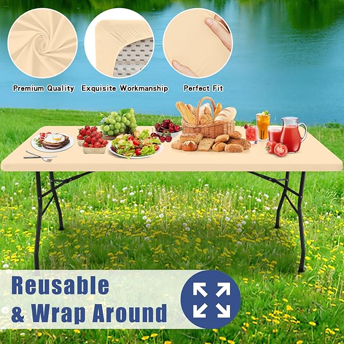 Spandex 4 Foot Rectangle Table Cloth 2 Pack, Elastic Fitted Tablecloths for Picnic, Stretch Washable Patio Table Cover for Outdoor, Camping, Banquet and Parties (Ivory, 24"x48")