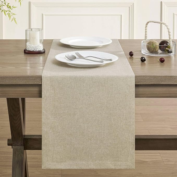 Basic Linen Style Table Runner, 14x90 Inch Natural | Mitered Corner Design - Image 2