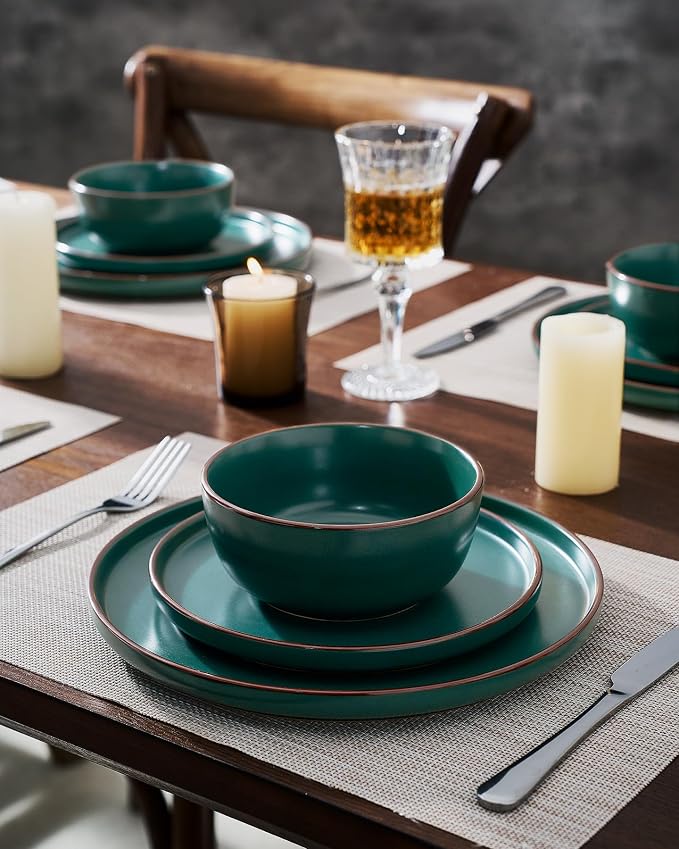 Famiware Mercury 16-Piece Stoneware Plates and Bowls, Dark Green | Dinnerware - Image 6