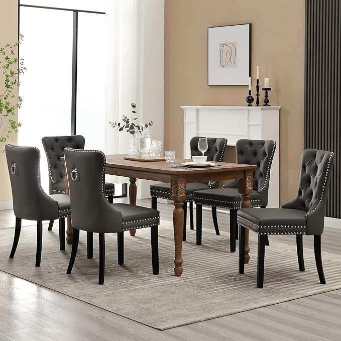 KCC Faux Leather Dining Chairs Set of 6, Upholstered High-end Tufted Dining Room Chair with Nailhead Back Ring Pull Trim Solid Wood Legs, Contemporary Nikki Collection Modern Style for Kitchen, Gray