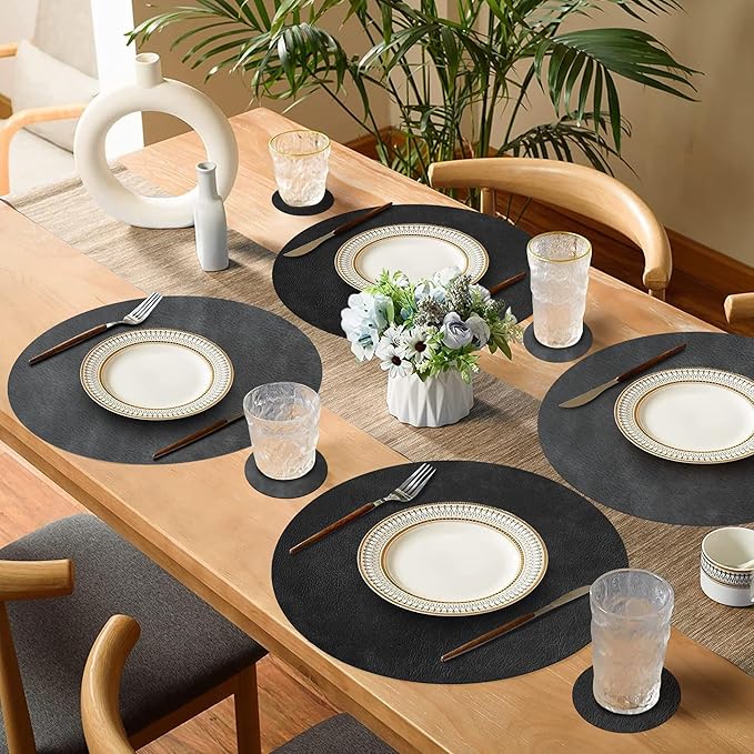 Round Placemats and Coasters Set of 4, Washable Reversible Faux Leather Placemats Cowhide Pattern Place Mats Wipeable Non-Slip 15 inch Round Kitchen Dining Table Mats (Gray Black, 4)