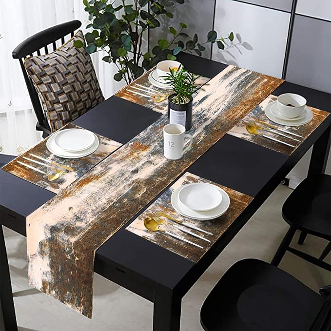 Rust Table Runner and Place Mats Set of 6 Abstract Blue and Brown Metal Steel by TQFZP