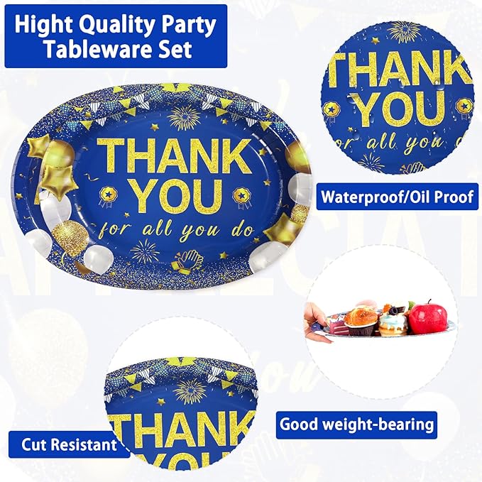 50Pcs Thank You Party Decorations We Appreciate You Oval Paper Plates 10" x 12" Heavy Duty Blue Gold Appreciation Paper Plates for Teacher Employee Staff Volunteer Appreciation Party Supplies