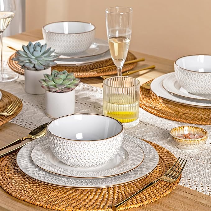 GBHOME Ceramic Dinnerware Sets,12 pcs Embossed Elegant Stoneware Plates and Bowls Sets, Housewarming Wedding Gift | Dishwasher & Microwave Safe | Dishes Set Service for 4